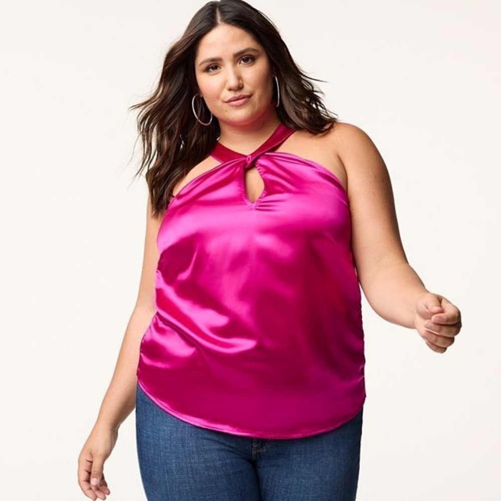 Intempo Twist Satin Hot Pink Halter Top Size 2X